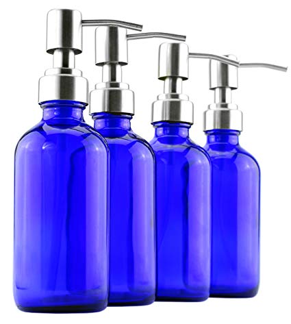 8-Ounce Cobalt Blue Glass Bottles w/ Stainless Steel Lotion Pumps (4-Pack); Boston Round Dispensers for Aromatherapy, DIY, Lotions & Liquid Soap