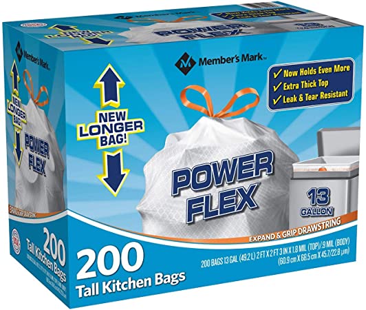 Member's Mark Power Flex Tall Kitchen Drawstring Bags, 200 Count