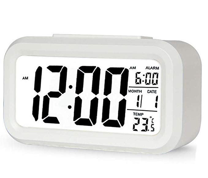 Alarm Clock,WONFAST LED Digital Alarm Clock Travel Table Clock with Large LCD Screen Calendar Battery Operated for Home Office,Soft Night Light Repeating Snooze,Month Date & Temperature Display (White)