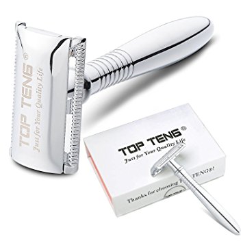 TOP TENG® - 4.5" Long Handled Safety Razor + 10 Platinum Chrome Super Sharp Double Edge Safety Razor Blades, 100% Pure Raw Manliness, Perfect for Women too!!!