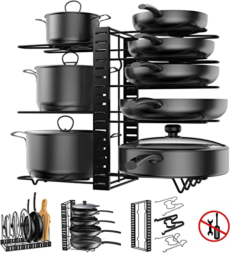 Pot Rack Organizer, 3 DIY Methods, Height and Position are Adjustable - 8 Pots Holder, Metal Kitchen Cabinet Pantry Pot Pan Lid Holder (BLACK)