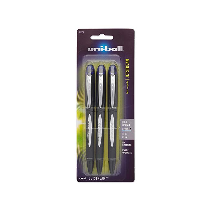 uni-ball Jetstream Ballpoint Pens, Bold Point (1.0mm), Blue, 3 Count