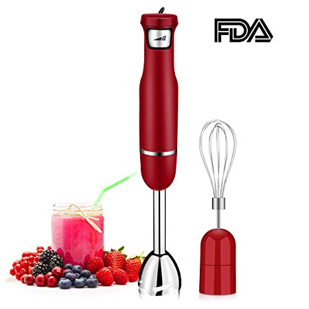 Immersion Hand Blender Endless Speed Control, Powerful 500W(15,000RMP) Heavy Duty Motor, CUSIBOX Multi-Purpose Soup Stick Blender with Whisk Attachment, Red