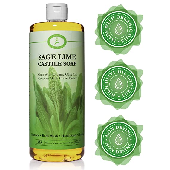 Sage Lime Castile Soap Liquid - 32 oz - Carolina Castile - Sage Body Wash & Sage Shampoo - Made With Organic Olive & Coconut Oils