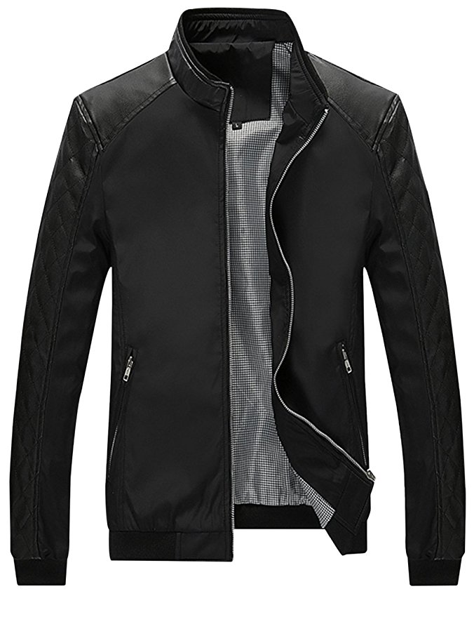 Springrain Men's Casual Stand Collar Slim Leather Sleeve Bomber Jacket