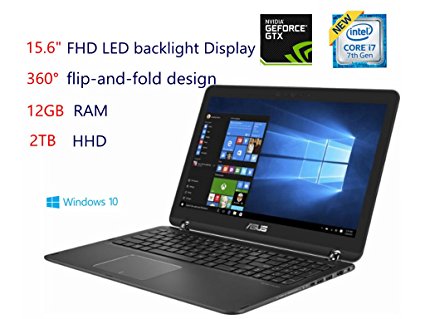 Asus 15.6" 2-in-1 Full HD Laptop-Intel Core i7-7500U, 12GB DDR4 RAM, NVIDIA GeForce 940MX 2GB, 2TB HDD, Bluetooth, HDMI, Backlit keyboard, HD Webcam, Window 10 Home- Sandblasted black aluminum