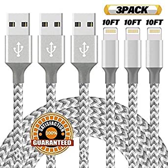 iPhone Charger,Mfi Certified Lightning Cables 3pack 3x10FT to USB Syncing Data and Nylon Braided Cord Charger for iPhone XS/Max/XR/X/8/6Plus/6S/7Plus/7/8Plus/SE/iPad and More -GreyWhite