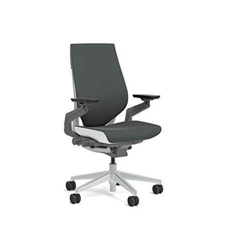 Steelcase Gesture Task Chair: Wrapped Back - Platinum Metallic Frame/Base/Seagull Accent - Adjustable Lumbar Support - Standard Carpet Casters