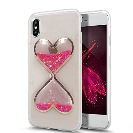Urberry Iphone X Case, Clear Gel Liquid Case, Sparkle Love Heart, Creative Design Flowing Liquid Case for iPhone X with a Screen Protector