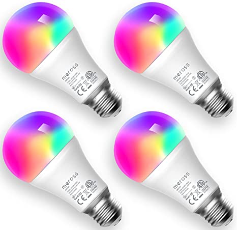 Smart Light Bulb, meross Smart WiFi LED Bulbs Works with Alexa, Google Home, Dimmable E26 Multicolor 2700K-6500K RGB, 810 Lumens 60W Equivalent, No Hub Required, 4 Pack