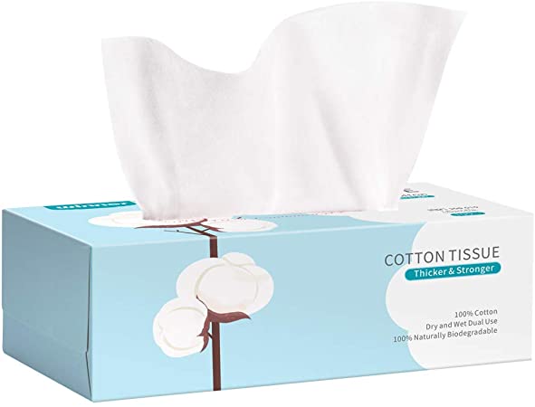 Winner Cotton Facial Tissue, Soft Baby Dry Wipe, Wet and Dry Use, Made of Pure Cotton, Lint-Free Unscented Disposable Tissue for Sensitive Skin (100 Count)