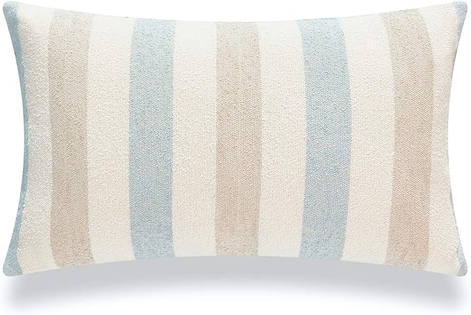 Hofdeco Beach Coastal Decorative Lumbar Pillow Cover ONLY for Couch, Sofa, or Bed, Light Blue Tan Taupe Woven Stripe, 12"x20"