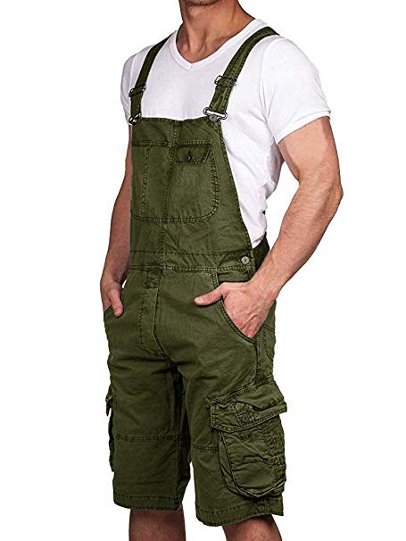 Mens Bib Overalls Shorts Knee Length Lightweight Cargo Romper Jumpsuit Loose Fit One Piece Coverall with Pockets