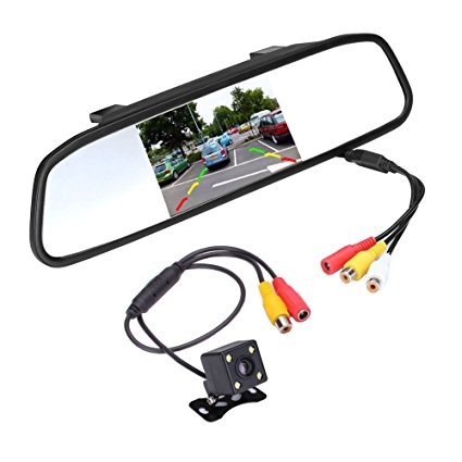 Podofo Super Mini Backup Camera & 4.3" Car TFT LCD Mirror Monitor, Night Vision Waterproof Camera Parking Reverse System Assembly