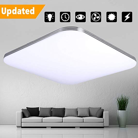 LED Flush Mount Ceiling Light, KingSo 13.4'' Silver Trimmed Upgraded Ceiling Lamp 16W (120W Incandescent Equivalent) 6000K Pure White 1400Lumen Square Ceiling Lamp for Living Dining Room Bedroom Hotel