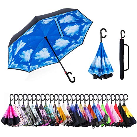 Inverted Umbrella Cars Reverse Umbrella UV Protection Windproof Umbrella for Car Rain Outdoor with C-Shaped Handle(Blue SKY)