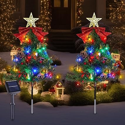 TAILERRI 2 Pack Solar Christmas Tree Pathway Lights, Mini Xmas Tree Lights Outdoor Decorations Waterproof Artificial Tree Stake Lights with DIY Ornamets for Garden Yard Decor (Green)