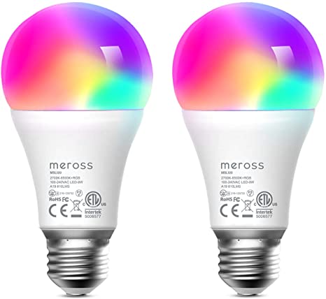 Smart Light Bulb 2 Pack - meross Smart WiFi LED Bulbs Works with Alexa, Google Home, Dimmable E26 Multicolor 2700K-6500K RGB, 810 Lumens 60W Equivalent, No Hub Required