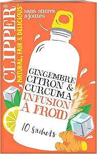 CLIPPER - Infusion Froide - Citron, Gingembre, Curcuma - Sans Sucres Ajoutés - 10 Sachets d'Infusion Bio - 27 g