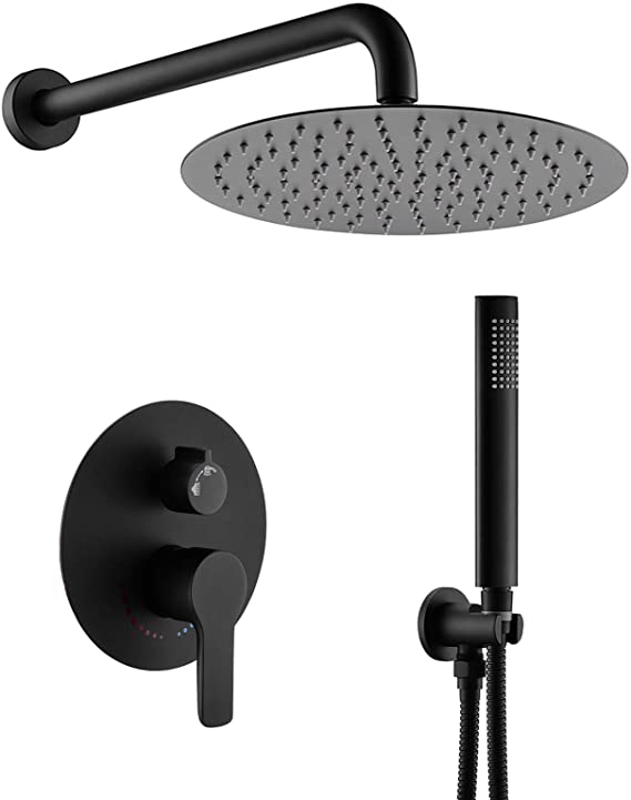 Shower System, Matte Black Rain Shower Faucet Contain 10 Inches Rain Shower Head with Handheld, Bathroom Wall Mounted Rainfall Shower Fixture Set(Round Black Shower   Rough Valve)