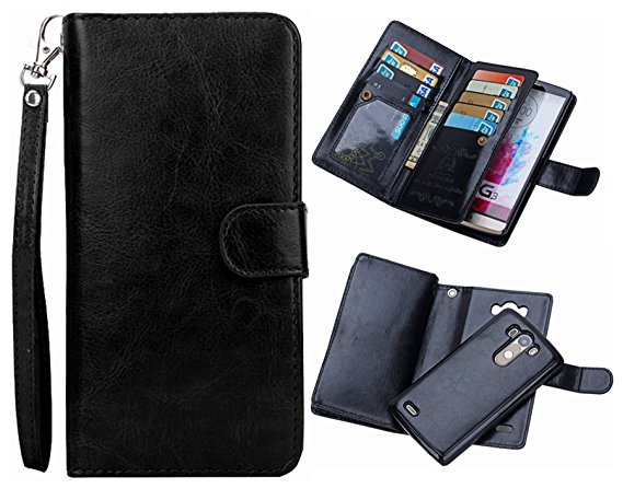 LG G3 2 in 1 Wallet Case，Hynice Folio Flip PU Leather Case Magnetic Detachable Slim Back Cover Card Holder Slot Wrist Strap wallet for LG G3. (black)