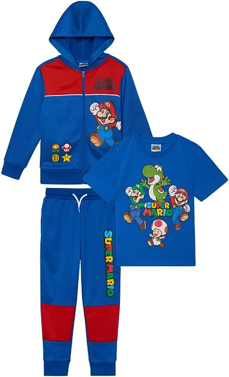 Nintendo Super Mario Boys 3-Piece Set, Super Mario Zip-Up Hoodie, T-shirt, & Pants 3-Pack Bundle Set for Boys