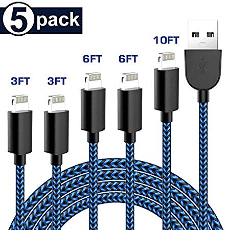 iPhone Charger,AYNGWRNB MFi Certified Lightning Cable 5 Pack(3 3 6 6 10ft) Durable High-Speed Charger Nylon Braided Cord Compatible iPhone Xs/Max/XR/X/8/8Plus and More
