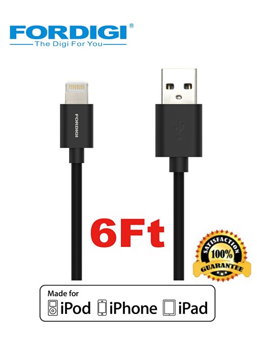 FORDIGI APPLE CERTIFIED Extra Long (6.2 Feet) USB Sync and Charging Lightning Cable for iPhone 5/5S/5C, iPad 4, iPad Air, iPad Mini (6.2 Feet Apple Certified - Black)