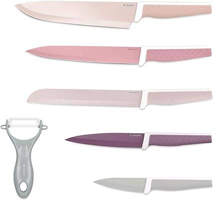 Navaris Knives and Peeler Set - 5 Stainless Steel Kitchen Knife & 1 Ceramic Blade Peeler - Pastel Colour Set with Bread Knife, Paring Knife and More