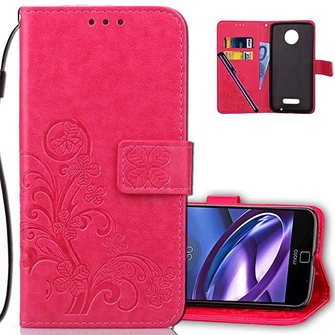 Moto X4 Wallet Case Leather COTDINFORCA Premium PU Embossed Design Magnetic Closure Protective Cover with Card Slots for Motorola Moto X4 (2017). Luck Clover Rose