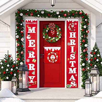 Besteek Merry Christmas Banner for Home, Christmas Porch Sign Decorations for Holiday Indoor Outdoor Front Door Home Wall Hanging Christmas Decorations