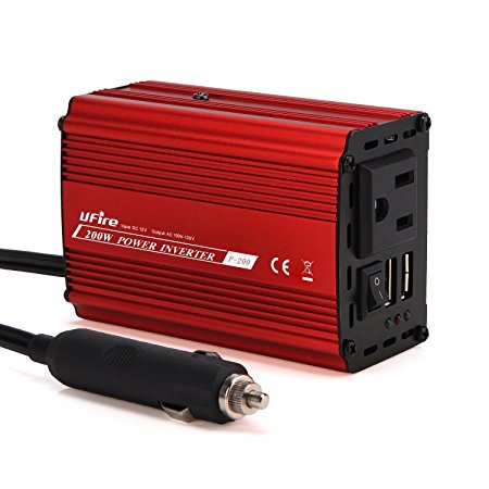 200W Car Power Inverter UFire DC 12V to 110V AC Converter with 2.4A Dual Smart USB Ports Car Adapter -Red