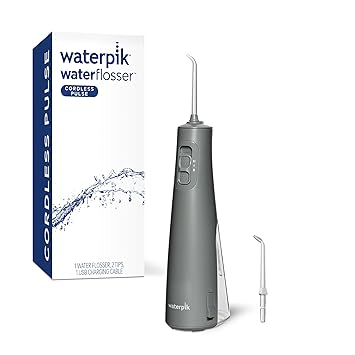 Waterpik Cordless Pulse Rechargeable Portable Water Flosser for Teeth, Gums, Braces Care and Travel with 2 Flossing Tips, Waterproof, ADA Accepted, WF-20 Gray