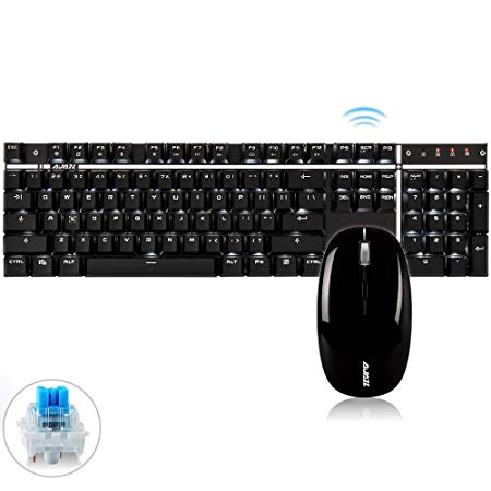 Ajazz A3008 Wireless Keyboard and Mouse,Wireless Backlit Blue Switch Mechanical Gaming Keyboard and Mouse Combo-Support for Charging, 2.4G and Wired Dual Mode, Gaming and Daily Use(Black/White)