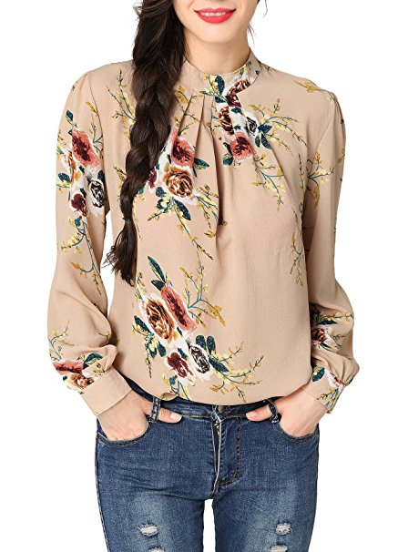 Abollria Women's Flower Print Long Sleeve Stand Collar Casual Chiffon Blouse Shirt Tops