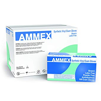 AMMEX Medical Clear Synthetic Vinyl Gloves -  4 mil, Stretch, Latex Free, Powder Free, Disposable, Non-Sterile, Small, VSPF42100, Case of 1000