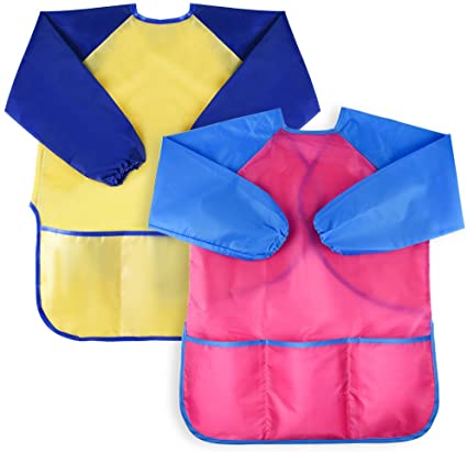 KUUQA 2 Piece Waterproof Children's Art Smock Kids Art Aprons with Long Sleeve 3 Roomy Pockets,Art Painting Supplies (Paints and brushes not included)