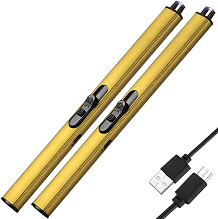 2 Pieces Candle Lighter Rechargeable USB Lighter with Electric Arc Windproof Flameless Plasma Lighter Portable Lighter with Safety Button No Smell for Camping BBQ Grill Cooking Fireplace (Gold)