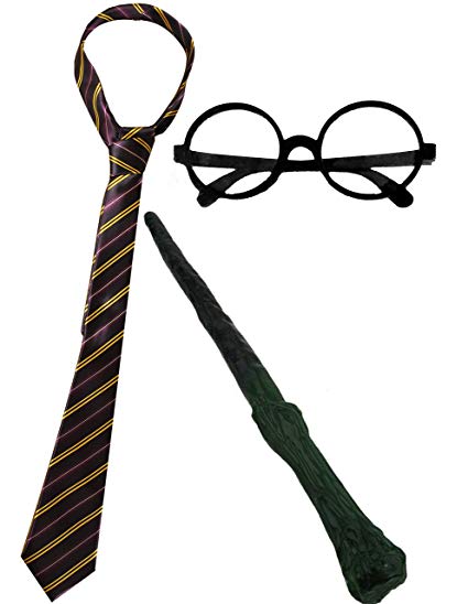 WIZARD SET FANCY DRESS ACCESSORY COSTUME SCHOOL BOY TIE   ROUND WIZARD GLASSES   PLASTIC BRANCH WAND MAGICIAN OUTFIT