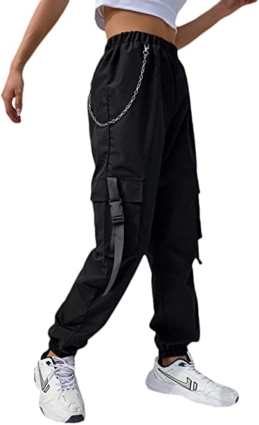 DIDK Women's High Waisted Flap Pocket Solid Jogger Cargo Pants with Chain