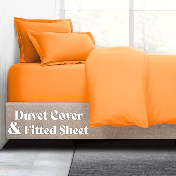 Nestl Bedding Duvet Cover with Fitted Sheet 4 Piece Set - Soft Double Brushed Microfiber Hotel Collection - Comforter Cover with Button Closure, Fitted Sheet, 2 Pillow Shams, King - Light Orange