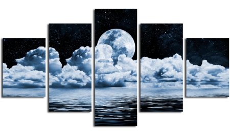 DZL Art S13339 Landscape Abstract Canvas Print Painting Modern Canvas Wall Art for Home Decoration,Framed 40"W x 20"H by 5 panels Sea White Partly Cloudy Moon in the Night Painting Wall Art Picture Print on Canvas