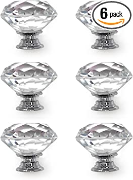 Isaac Jacobs Classic Round Shape (35 MM) Crystal Knobs Set of 6, Cabinet Knobs w/Screws, Glass Drawer Pulls for Dresser, Bathroom, Bedroom, Kitchen, Living Room & More (6, Silver Base)