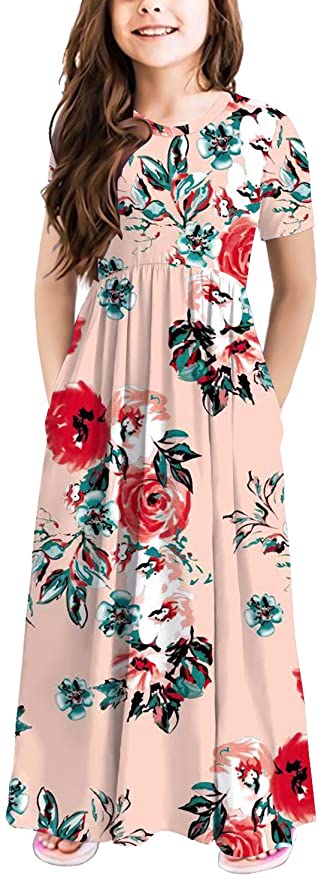 storeofbaby Girls Casual Maxi Floral Dress Long Sleeve Holiday Pockets Dresses for 5-13 Years