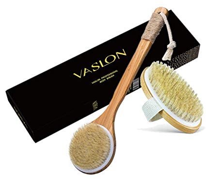 VASLON Natural Boar Bristles Bath Body Brush,Dry Brushing Body Brush, Boar Bristles Exfoliating Body Massager with Long Wooden Handle& No Handle 2Pcs for Dry Brushing