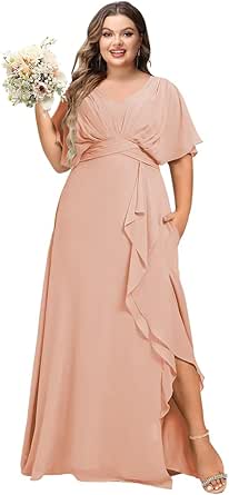 Dessiny Flutter Sleeves Plus Size Bridesmaid Dresses with Slit Chiffon V Neck Formal Party Dresses 2025 DE54