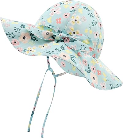 Baby Sun Hat Girls Floppy Bucket Summer Hats Toddler Sun Protection Outdoor Beach Cap UPF 50  for Kids 6M-6T Wide Brim (Flower-Blue, 2-4T)