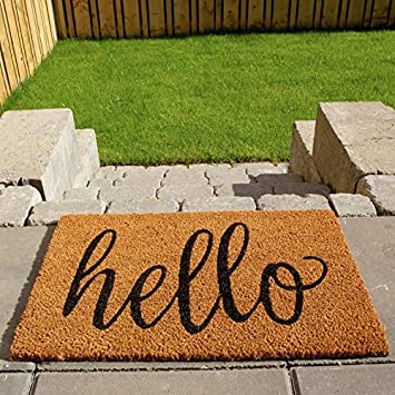 The Rug House Novelty Hello Coir Entrance Doormats Anti-Slip PVC Back Durable Decorative Welcome Front/Back Door Mats 40cm x 60cm