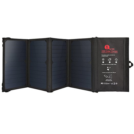 1byone 24W Foldable Solar Charger with 2 Ports USB Charger, Portable and Highly Efficient Solar Panel for iPhone, iPad, iPods, Samsung, Android Smart Phones, Tablets, Any USB Devices and More, Black