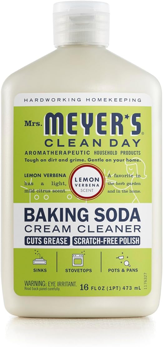 MRS. MEYER'S CLEAN DAY Baking Soda Cream Cleaner, Cuts Grease, Scratch-Free Polish, Plant-Derived Cleaning Ingredients, Lemon Verbena, 16 Fl Oz, Pack of 1